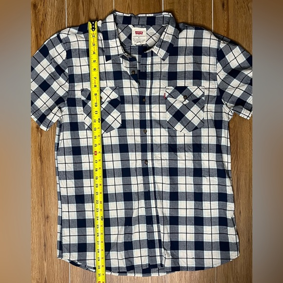 Levi’s Short Sleeve Mens Button Down Shirt Blue White Flannel Pattern XL Strauss - Picture 4 of 5
